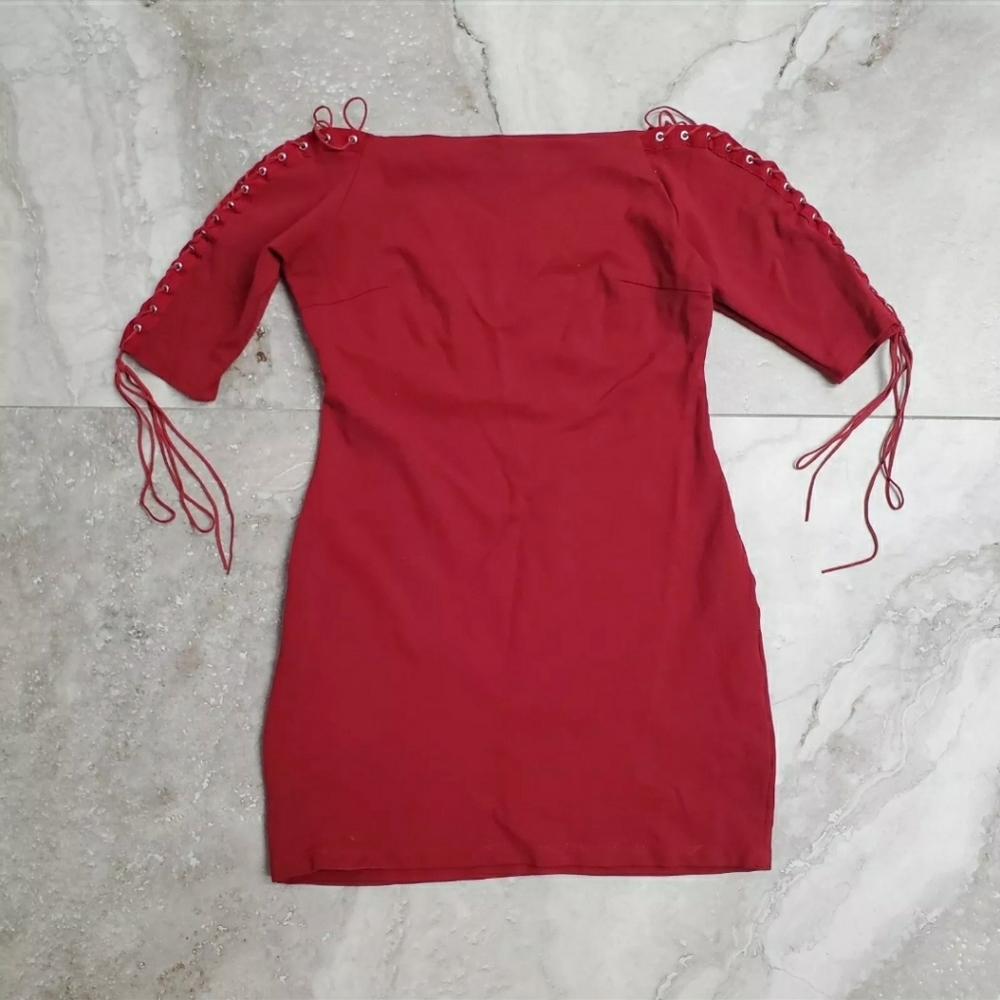 Vizio USA Vintage Short Dress Corset Lacing On Sleeves Red Size Small